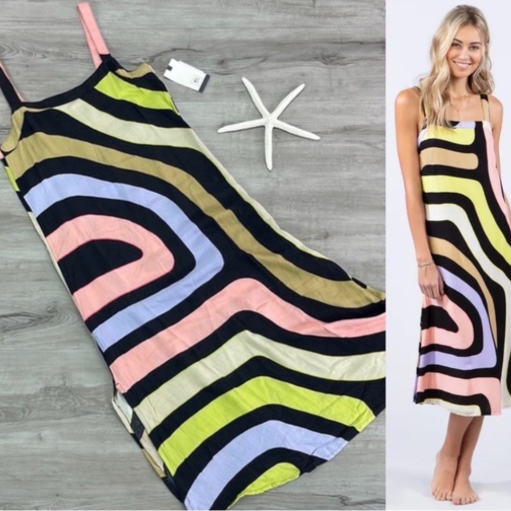 Rip Curl - Black and Multi Pastel Wave Midi Glider Dress Sz. Small